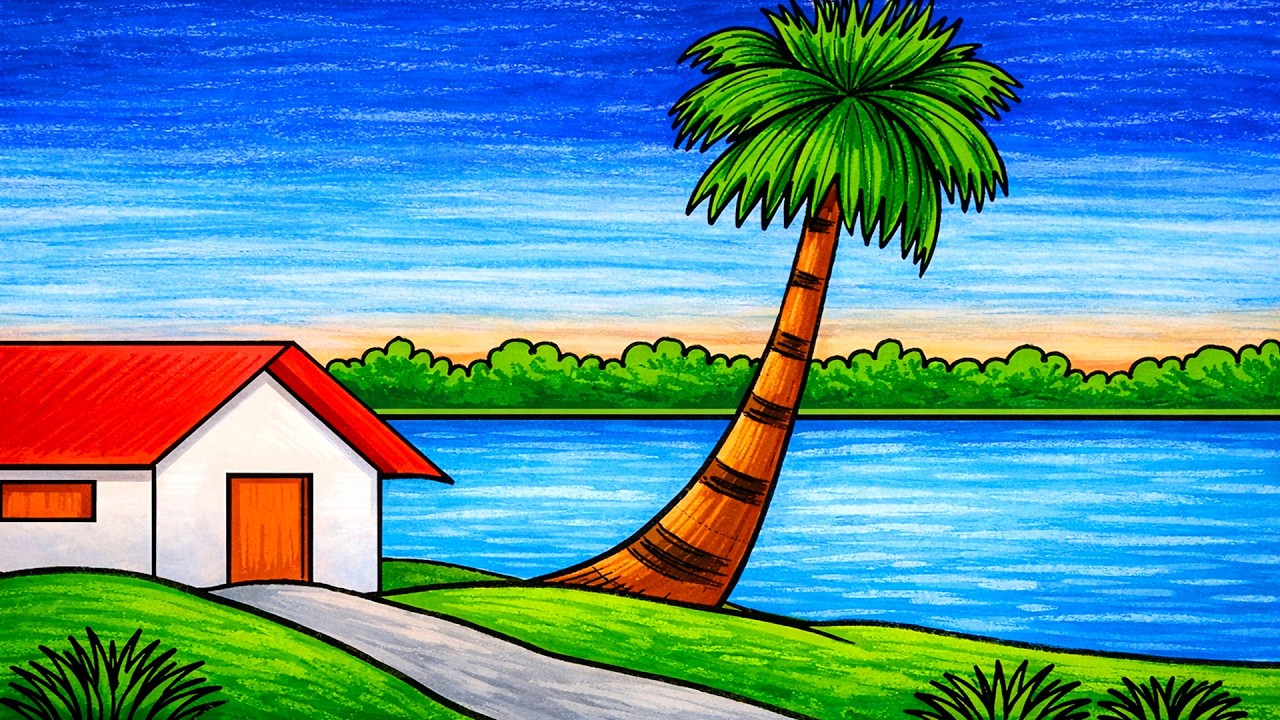 Beautiful nature scenery drawing and coloring | प्रकृति के दृश्यों का चित्र बनाना और रंग भरना