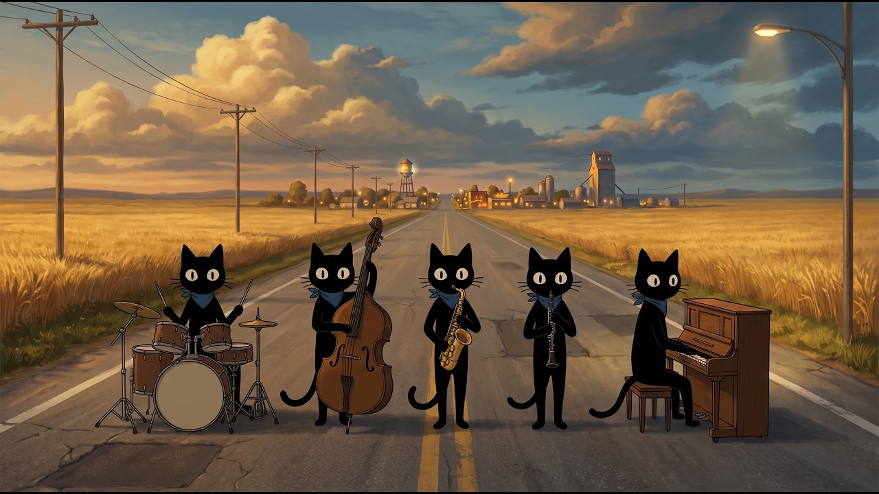 Supper Time in Town. Black Cats Lazy Vintage Noir Jazz Among the Golden Wheat