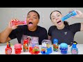 RED VS BLUE FOOD CHALLENGE, SOUR CANDY SPRAY, SQUEEZE GEL, BUBBLE GUM CANDY RACE MUKBANG