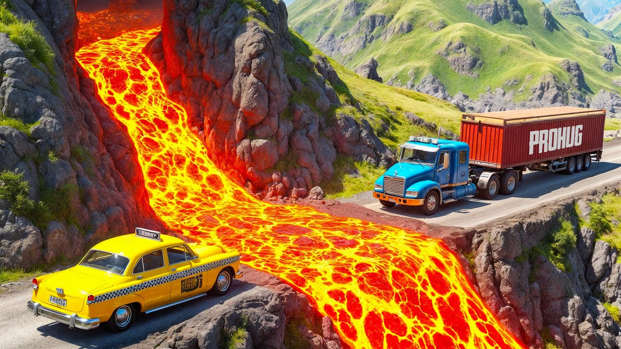 Дорожное испытание «Машины против лавовых перекрёстков» №1 — BeamNG.drive терпит неудачу и падает...