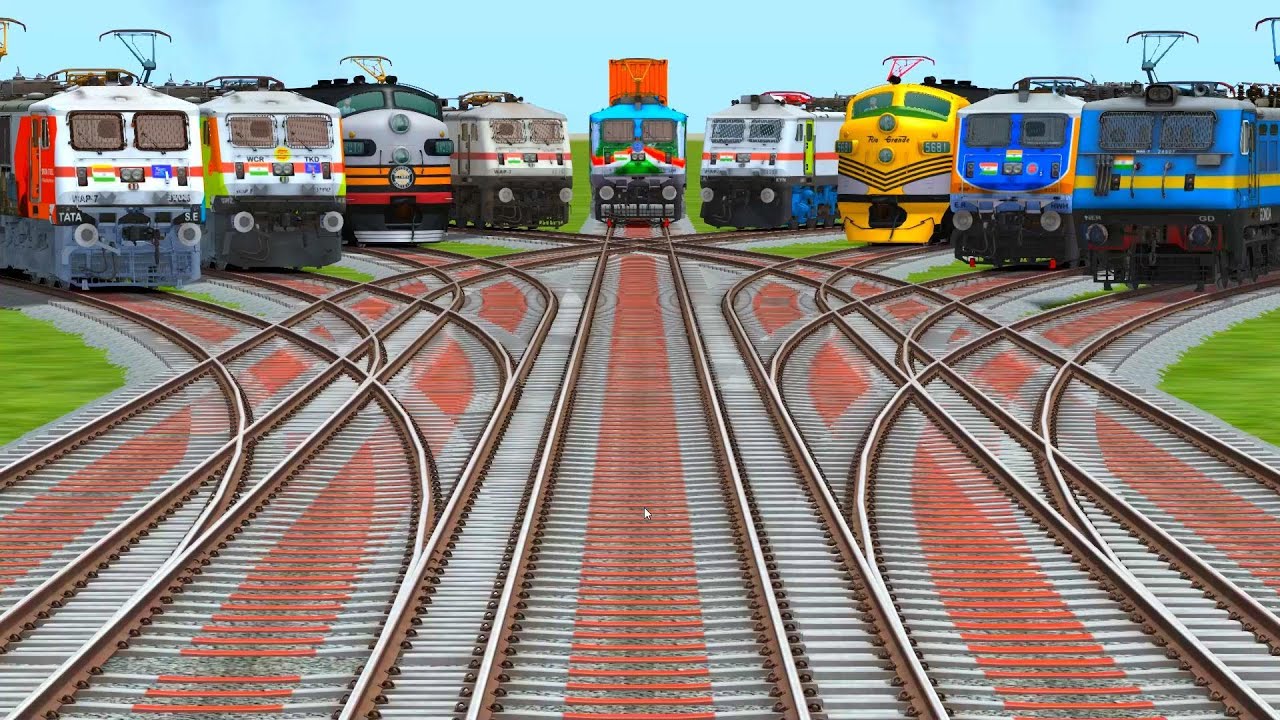 📊Nine Freight Train And Express Trains Crossing At Bumpy Curves Railroad Tracks | train for kids 