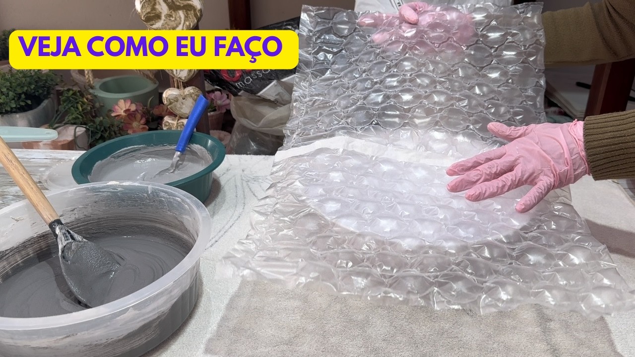 Usando plástico bolha de uma forma criativa com argamassa AC3 + cimento branco estrutural