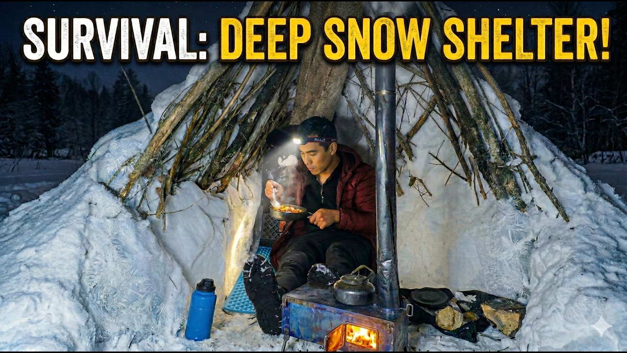 Survival in Deep Snow Shelter | Winter Solo Camping in the forest