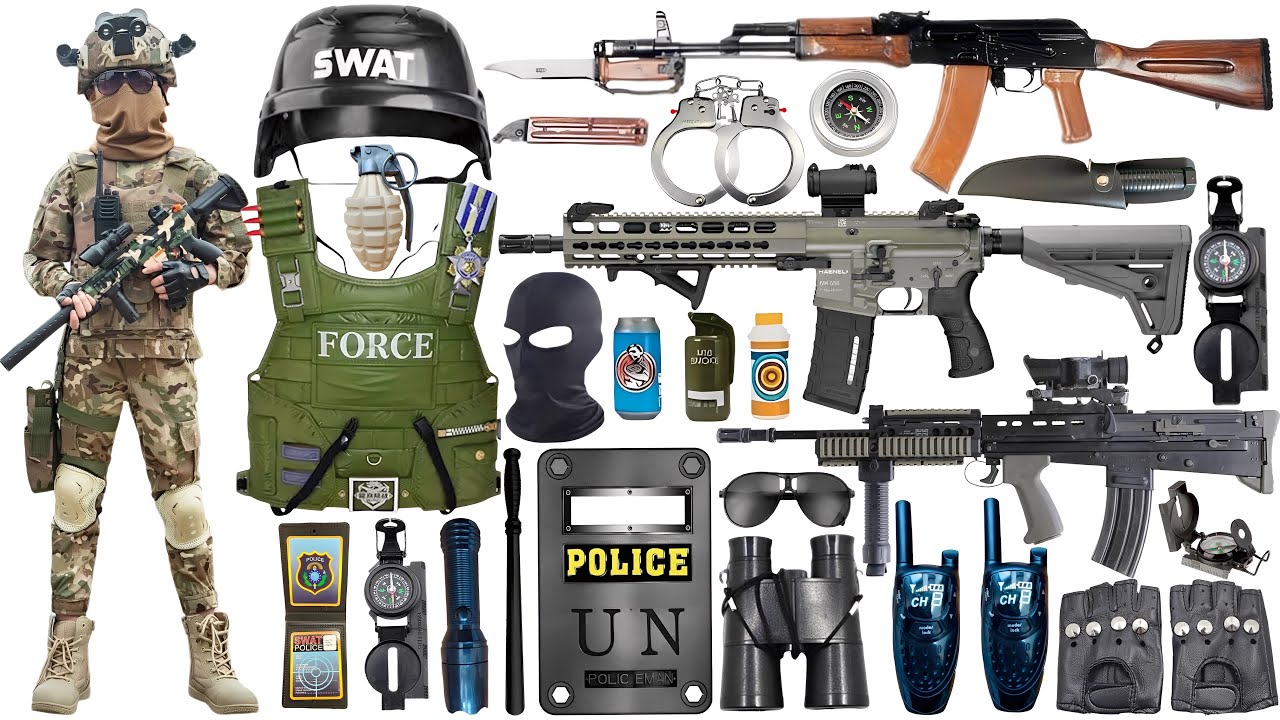 Special police weapon toy set unboxing, Gas mask, assault rifle, submachine gun, sniper rifle