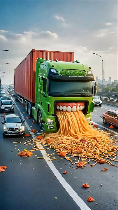 Evolution of container truck eating noodles on the highway into dragon robot