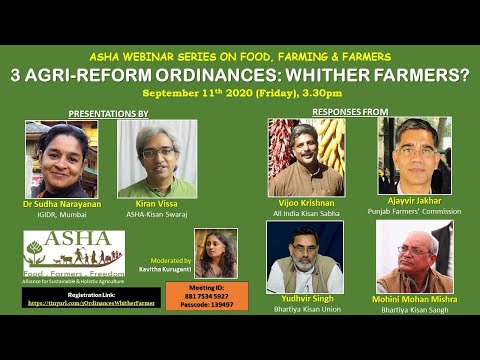 ASHA Webinar on 3 Agriculture Reform Ordinances- Whither Farmers?/3 कृषि अध्यादेश: किसानों पर प्रभाव
