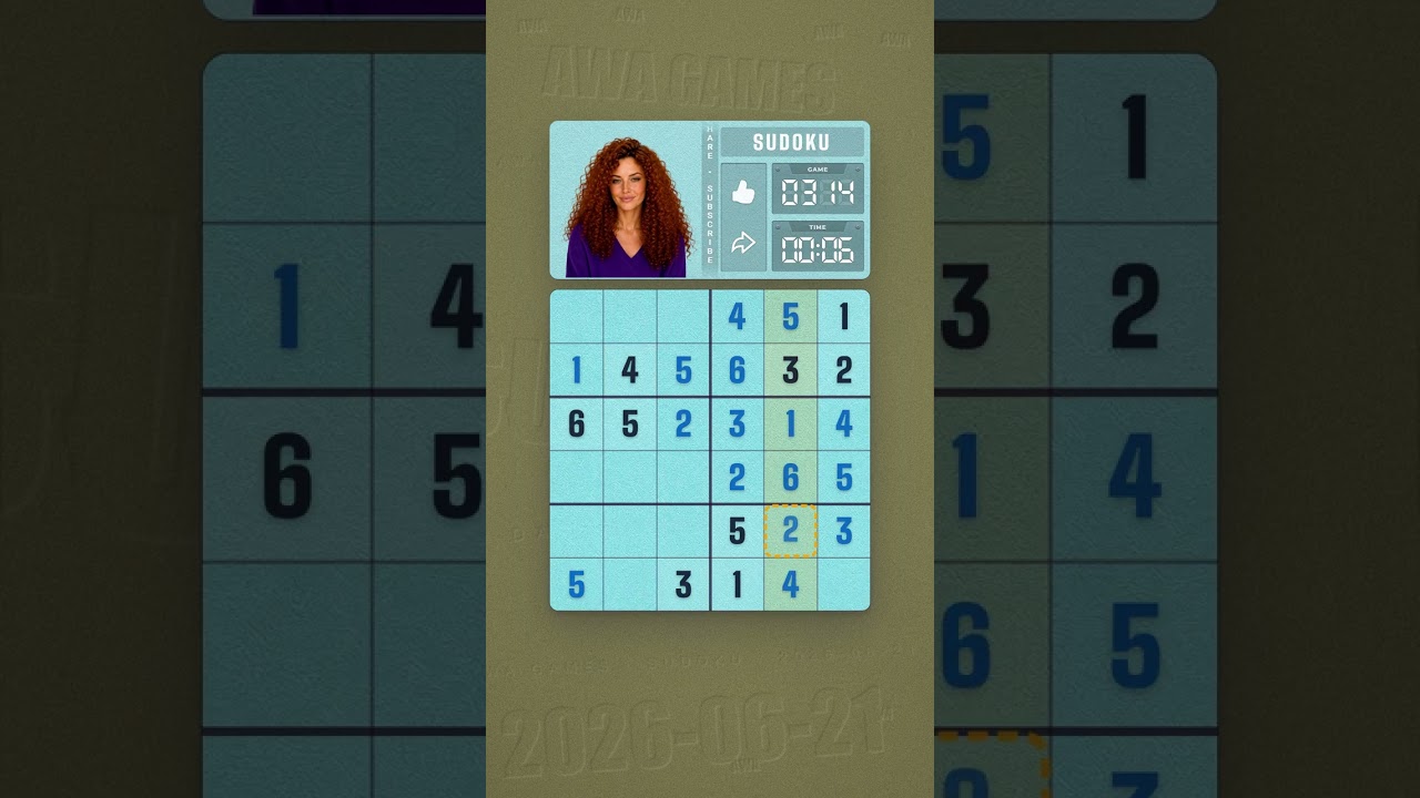 LinkedIn Mini Sudoku #314 solved board for June 21, 2026, 6x6 grid