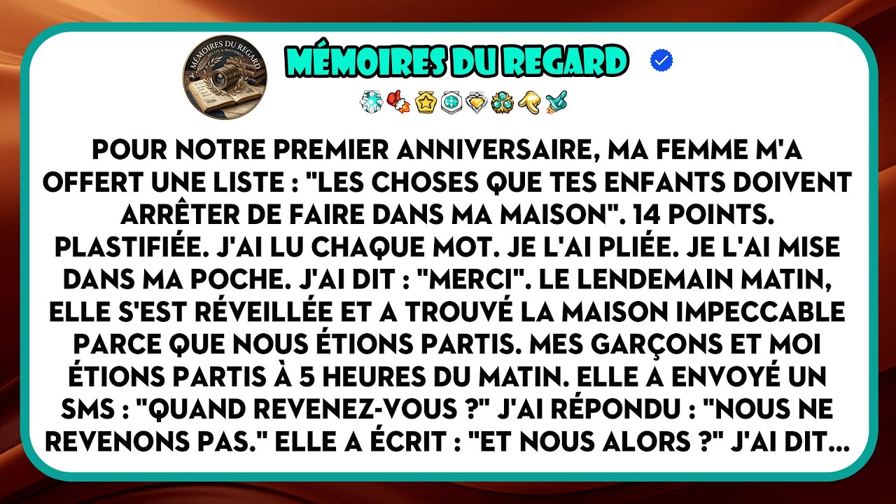 Le soir de notre premier anniversaire de mariage, ma femme a glissé une liste plastifiée sur le comptoir de la cuisine. Quatorze règles pour mes enfants dans « sa » maison. Pas de course dans le...