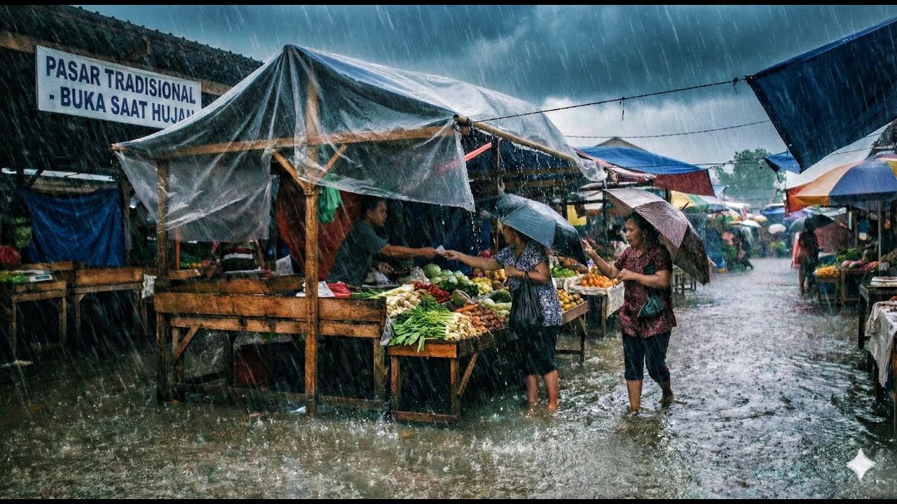 Walking in the pouring rain at a traditional Indonesian market, trading activities continue.
