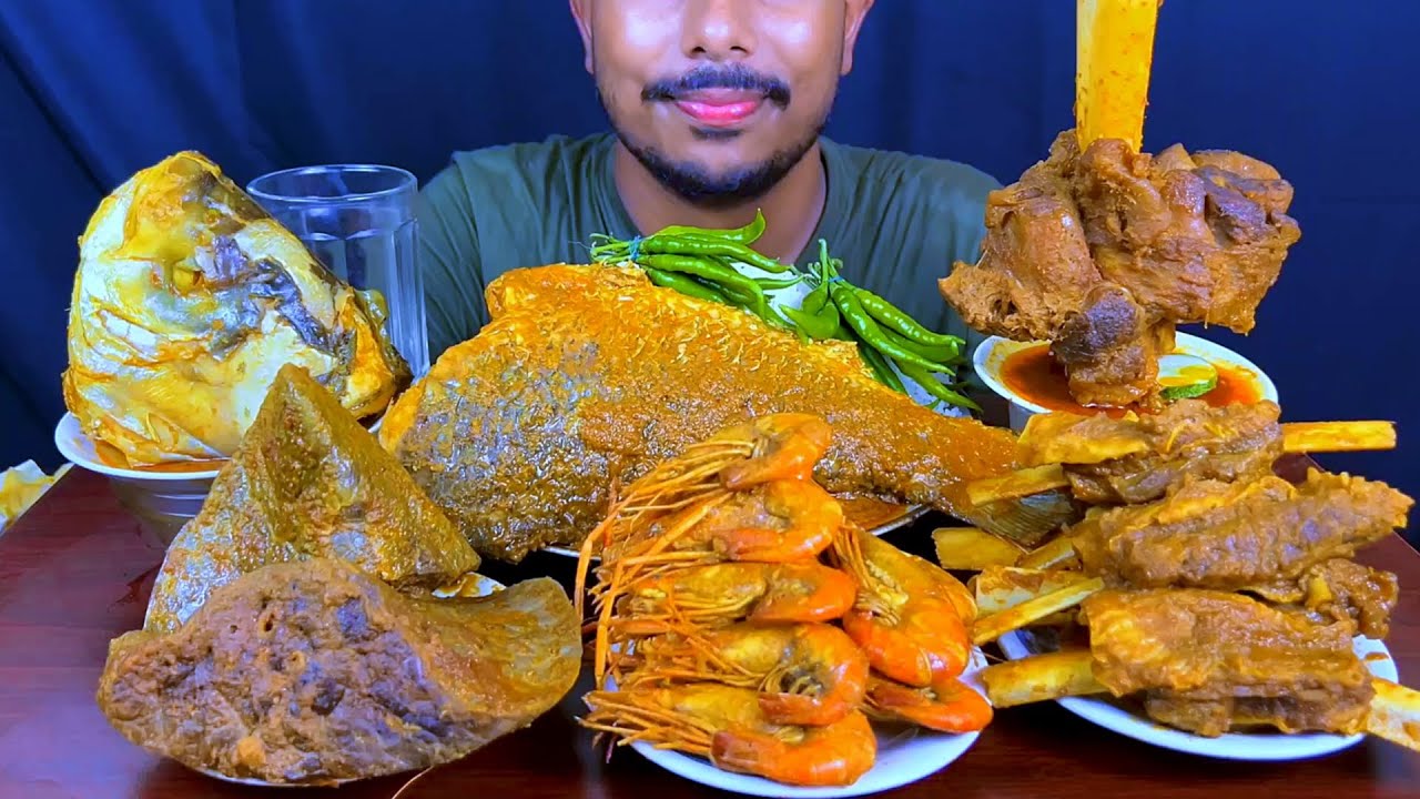 Eating Spicy Katla Fish Curry,Beef Chaap,Shrimp,Beef Nalli,Fish Head,Lounge With Rice || Asmr Show
