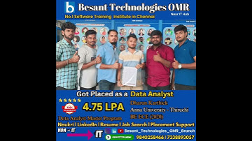 "From Non-IT to Data Analyst | Dharun’s Success Story | 4.75 LPA Package!" Besant Technologies OMR.