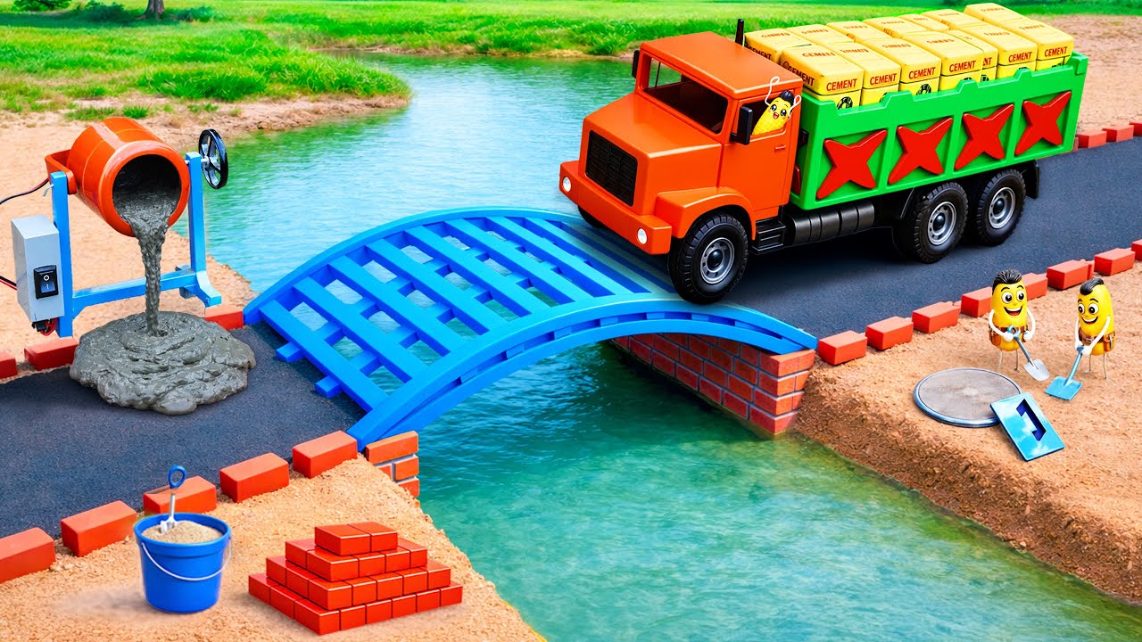 DIY Mini Truck Builds Brick & Metal Railing Bridge | Fun Construction Science Project