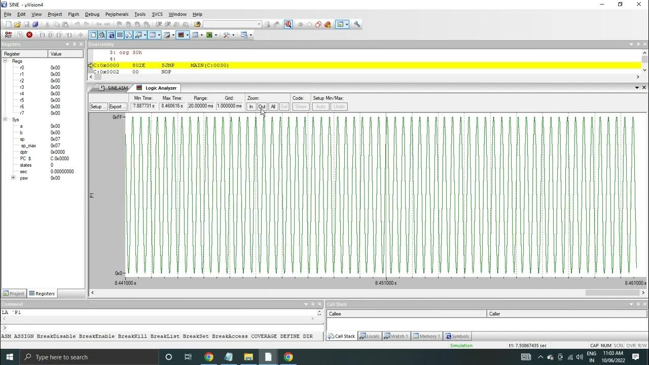 Video09 Sine wave output in logic analyzer using 8051 device in KEIL