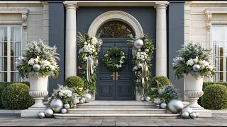 Elegant Parisian Style Christmas Entrance Aesthetic with Bold Dark Gray and Shimmering Laurel