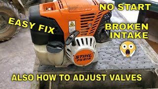 Stihl FS91R Trimmer No Start Broken Intake and Carburetor, Adjust Valves so Not Hard to Pull Starter