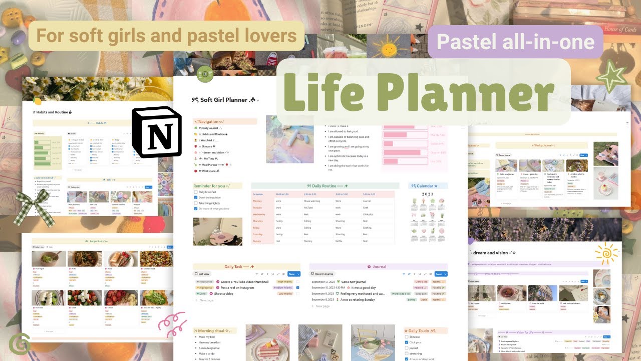 Soft Girl Pastel Life Planner Notion template | meal planner, habit, routine, daily journal, task ✨🌷