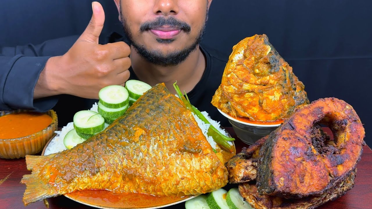 Eating Spicy Fish Curry,Big Fish Head Curry,Crispy Fish Fry With Rice Salat || Asmr Mukbong Show