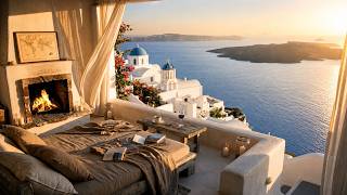 Cozy Mediterranean Patio Ambience 🌅 | Santorini Ocean View, Fireplace &amp; Relaxing Music (4 Hours, 4K)