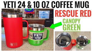 YETI 24 oz vs 10 oz Stackable Rambler Coffee Mug Comparison Rescue Red vs Canopy Green