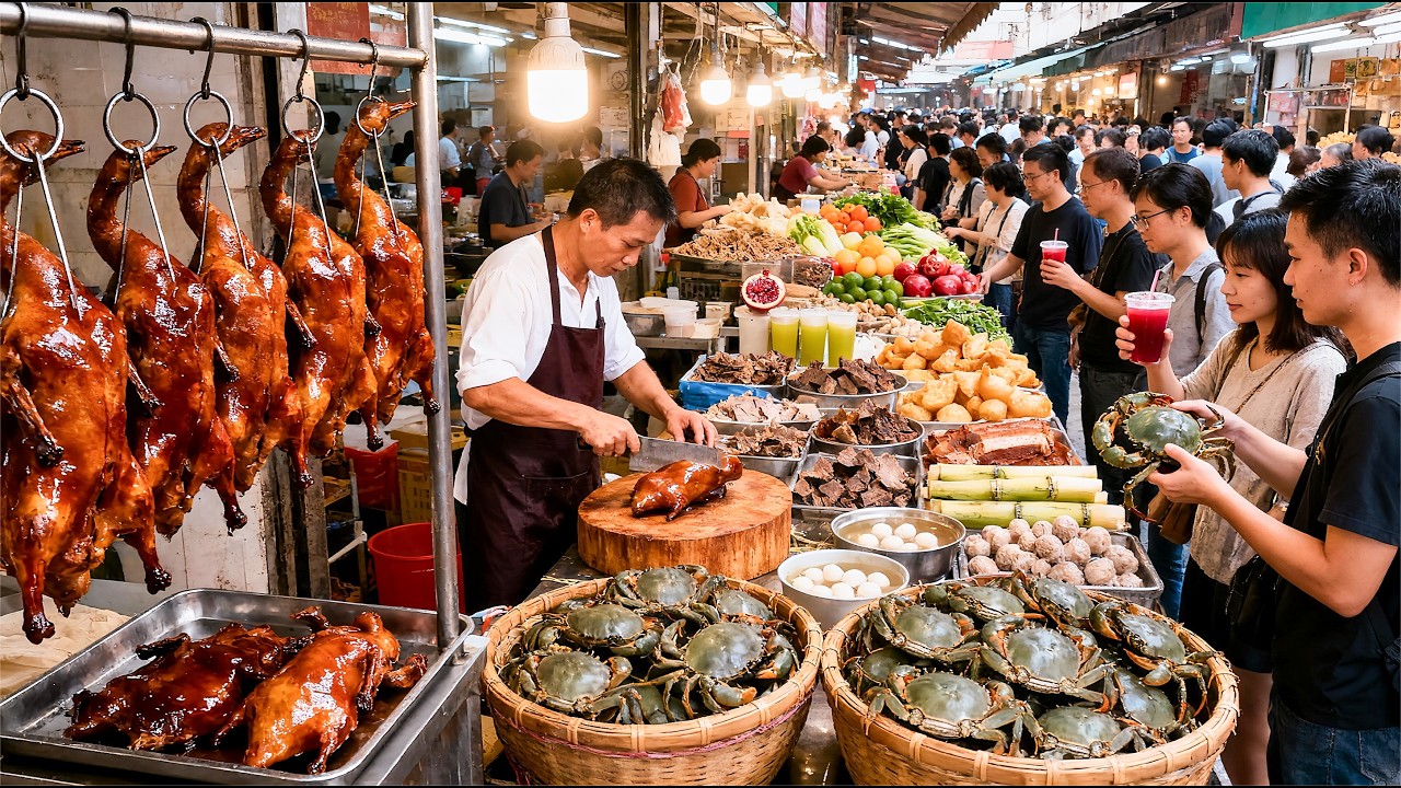 中國深圳蓮塘綜合市場，大閘蟹旺季市民排隊搶購，新鮮出爐的獅頭鵝香氣撲鼻，果汁“奇葩“油苷汁越喝越上頭，傳統手工廣式糕點讓人想起阿媽的味道，燒肉牛雜燜羊肉都太誘人，不愧是港人最愛的深圳市場