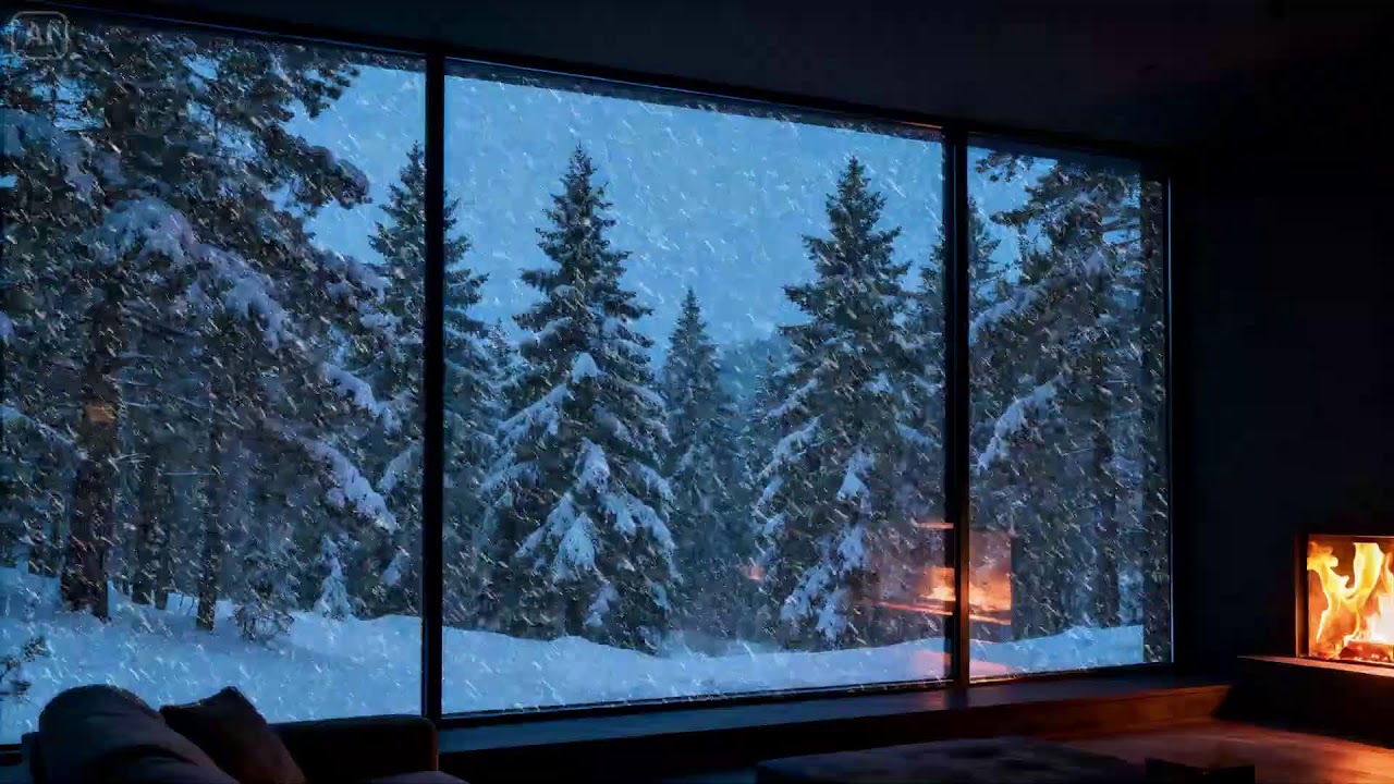Midnight Winter Cabin  Cozy Fireplace & Soft Snow Sounds