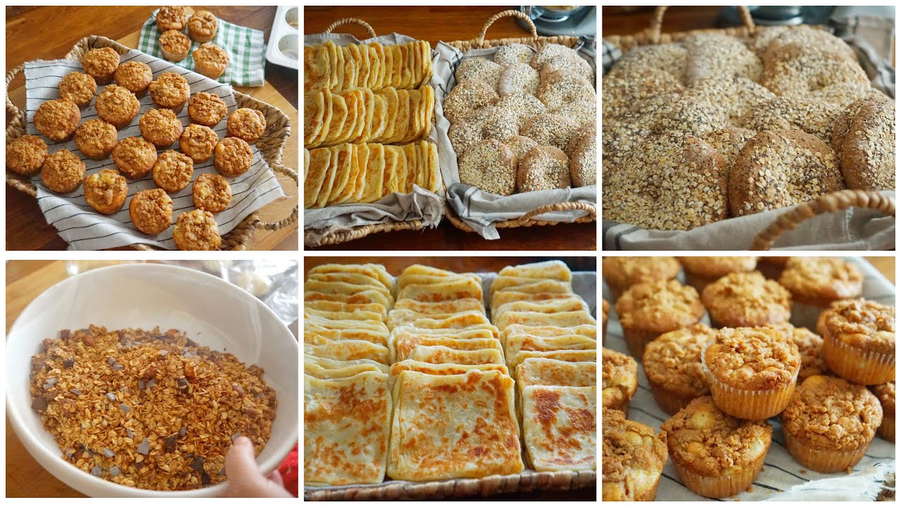 التحظيرات المسبقة : مافن التفاح بطبقة الكرامبل بطريقتين الغرانولا اللذيذة ميني رغيفة و خبز الزرع