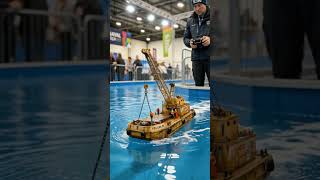 Tiny RC WWII destroyer weaving through a real rocky coastal inlet like a full-scale warship