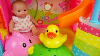 Baby doll water slime slide and bath surprise eggs toys play
