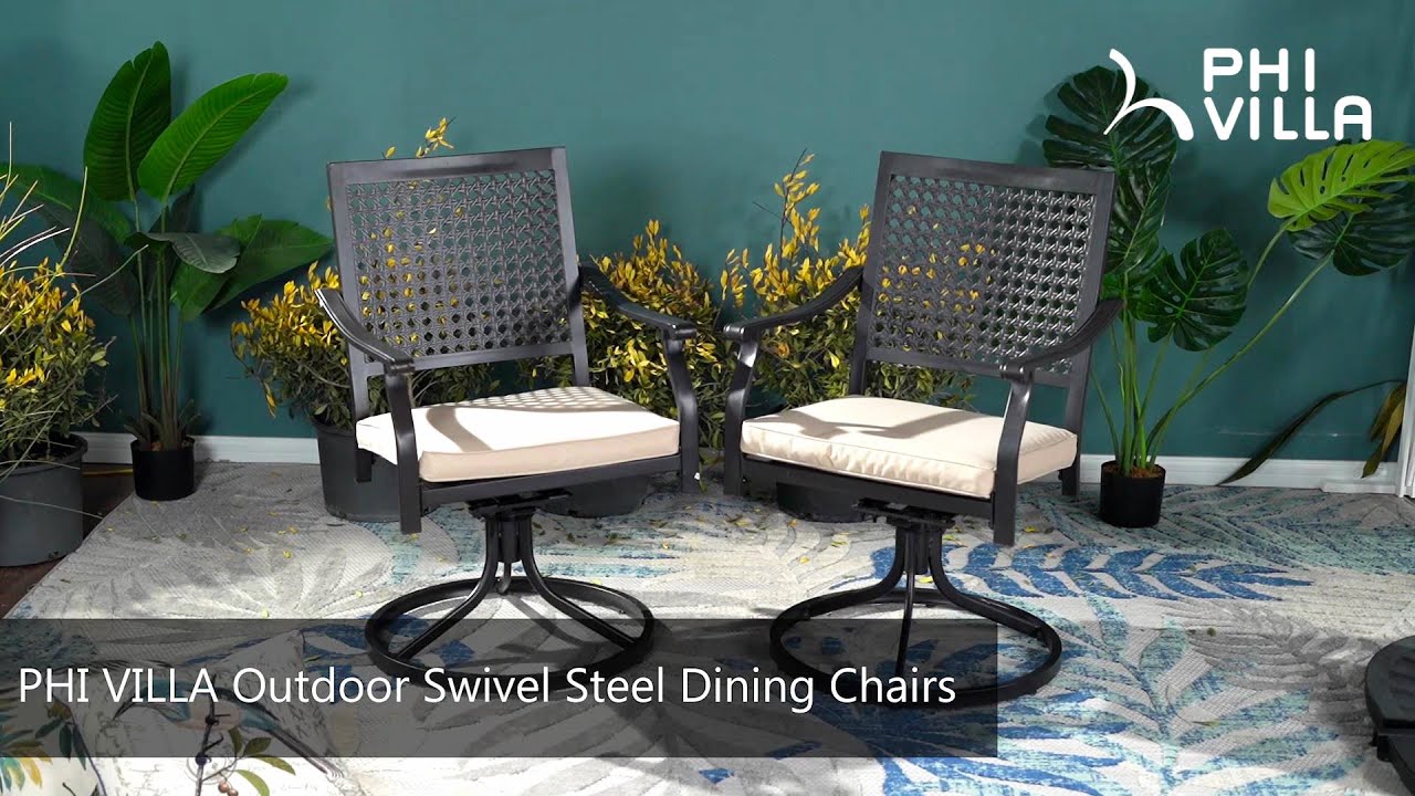 PHI VILLA Outdoor Swivel Steel Dining Chairs with Bullseye Flower Pattern