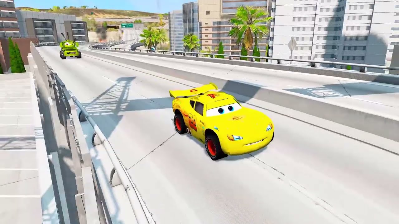 Yellow Lightning McQueen Escape from Police on City Bridge in Beamng.drive