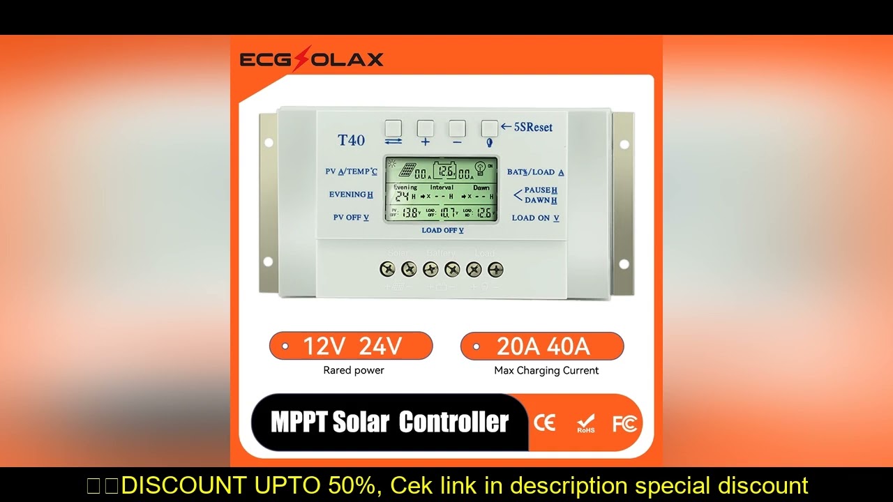 ECGSOLAX MPPT 40A 20A Solar Charge Controller 12V 24V Auto LCD Display PV Regulator Dual Timer Contr
