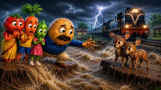 🌧️ बाढ़ के बीच आलू ने बचाए दो बेजुबान बच्चे | दिल छू लेने वाली कहानी | Hindi Cartoon Story screenshot 5