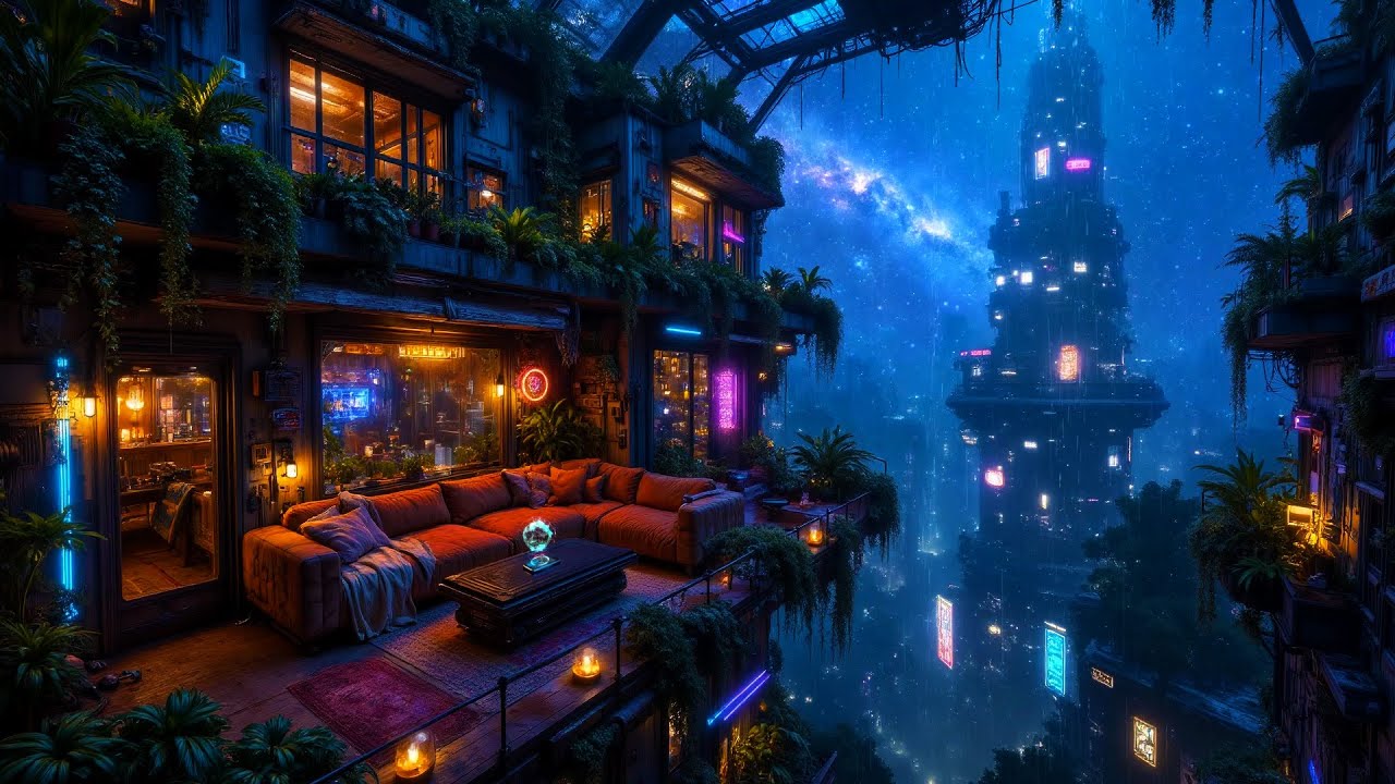Lofi Ambient – Cozy Cyberpunk Terrace Rain Overlooking Neon City | Relaxing Beats for Deep Focus |4K