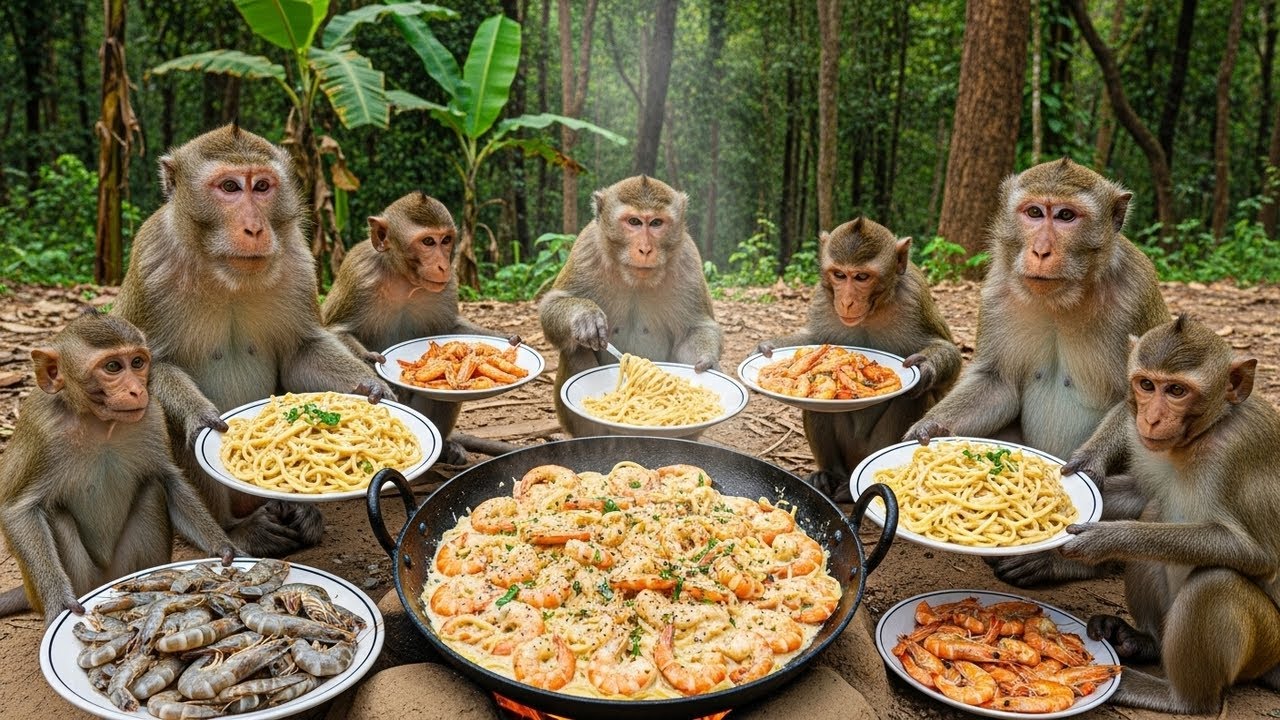 🐒 Monkeys Cooked Creamy Prawn Pasta  Jungle Village Style 😱🦐🍝🔥