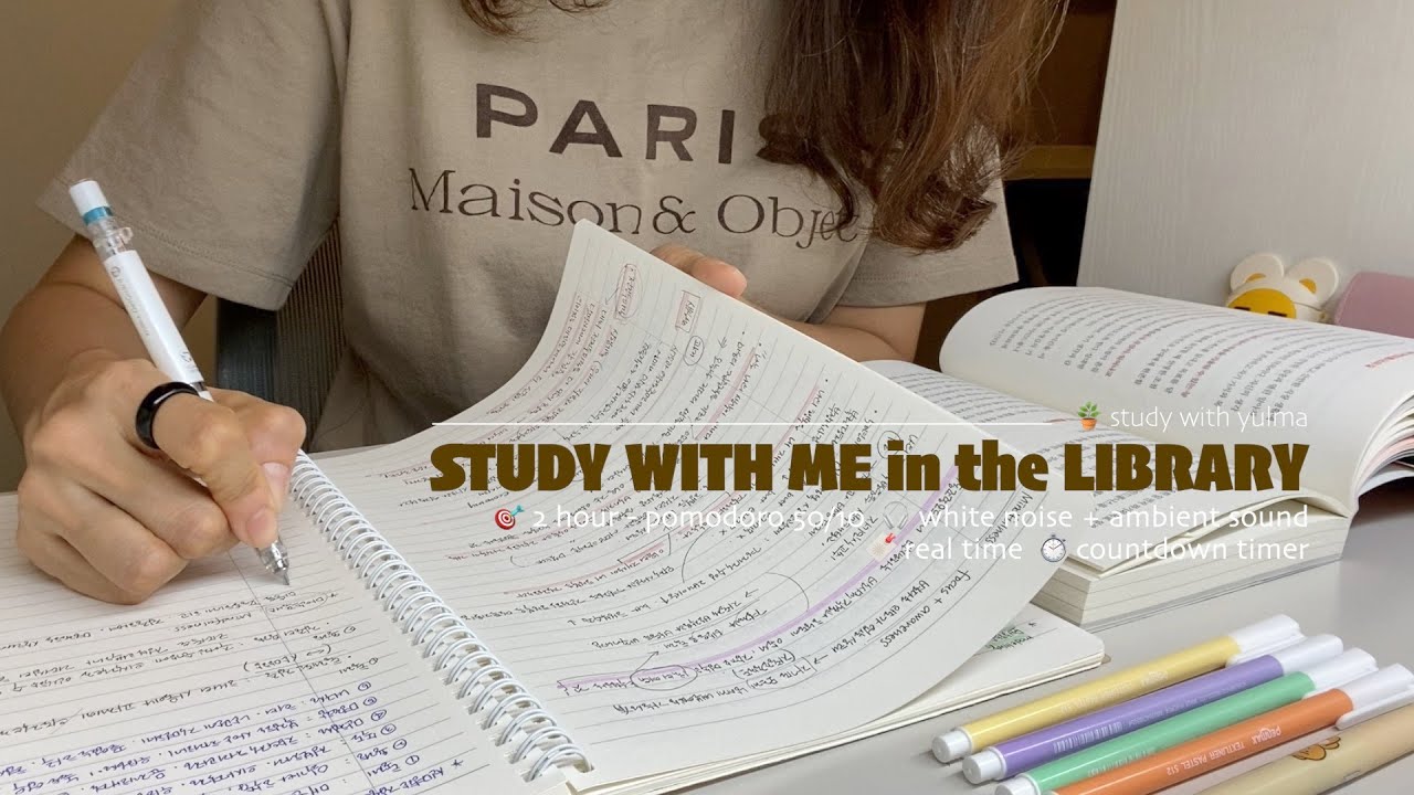 🗃️2HR STUDY WITH ME in the libraryㅣpomodoro 25/5ㅣwhite noise + ambient soundㅣwith alarm + timer
