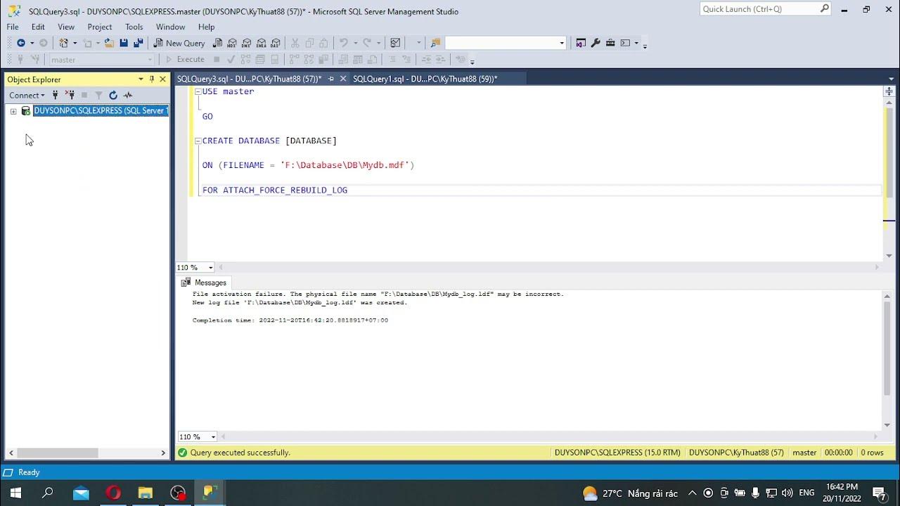 Attach database sql server without log file - YouTube
