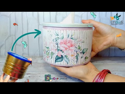 RECYCLING A XL TIN with DECOUPAGE, DIY TOILET PAPER ROLL HOLDER SHABBY CHIC, VINTAGE