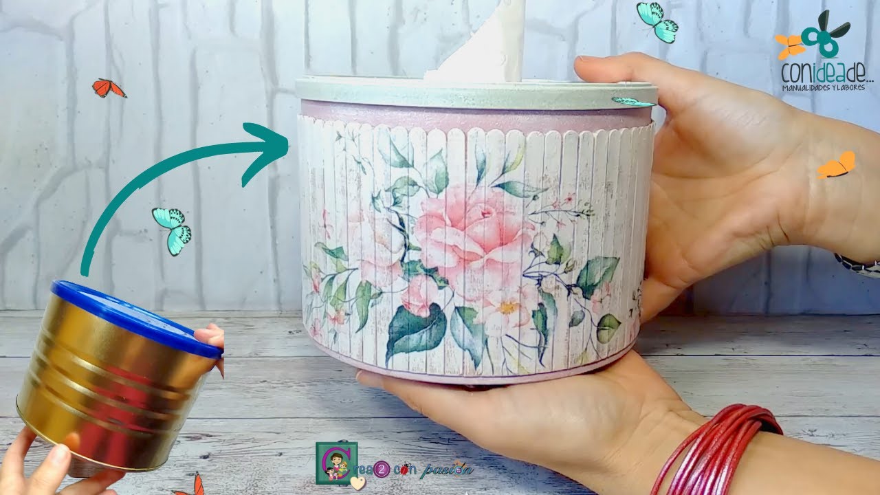 Рециркулирующая жестяная банка XL с декупажем, DIY TOILET PAPER ROLL HOLDER SHABBY CHIC, VINTAGE
