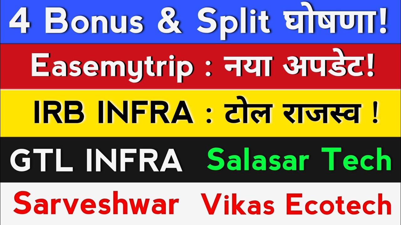 Infibeam Avenues, IRB Infra. easemytrip.  Salasar Techno. Sarveshwar. Vikas Ecotech. salasar. Bonus