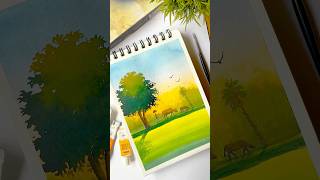 Beautiful Village Scenery Watercolor Painting 🌿 Easy Nature Art Tutorial #shorts #painting