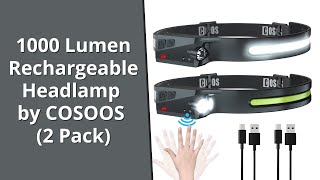 1000 Lumen Rechargeable Headlamp by COSOOS 2 Pack