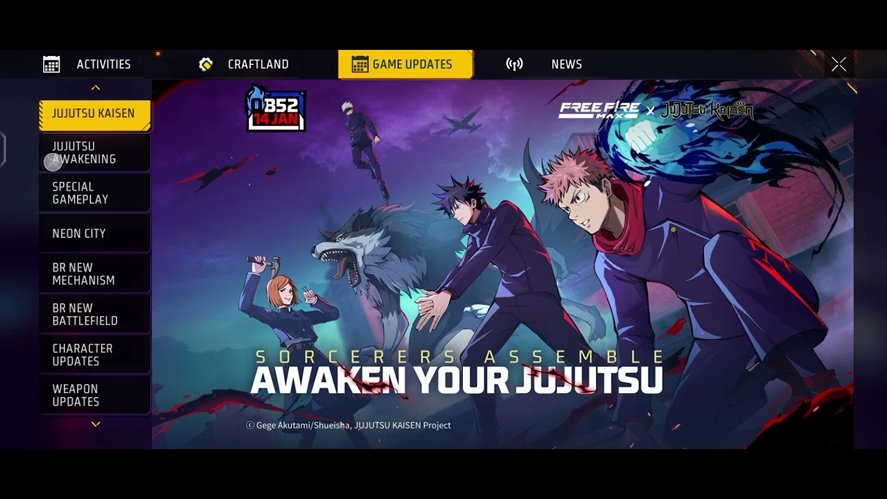 OB 52 update free fire Max gojo Satra event