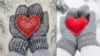 acrylic painting christmas winter heart mittens tutorial ornament