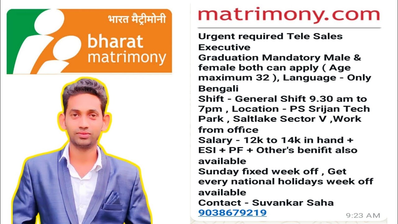 Bharat matrimony Is Hiring For Tele Sales Executive Post|| Jobs in Kolkata For Freshers Urgently