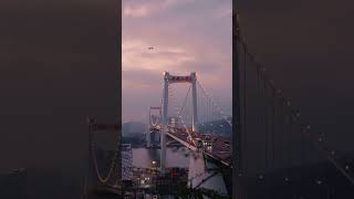 Stunning Sunset Glow Xiamens Haicang Bridge China Cityscape Aerial View