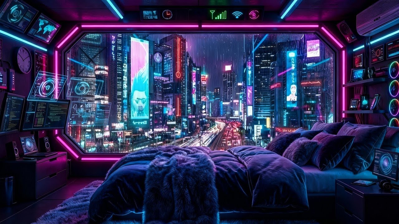 Cyberpunk Neon Rain at Night Futuristic City Outside the Window | Sleep & Focus ASMR