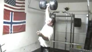 Kevin Nee 180 kilo hang clean (PR) with no grip aid (plus Giant DB and glute ham) 2-28-10