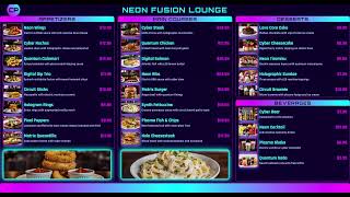 Electric neon-glow sports bar menu board — Apps, Mains, Desserts & Drinks. proviewdisplays.com screenshot 1