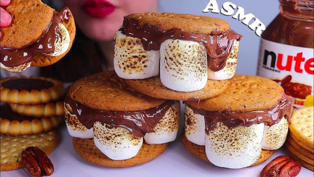 [ASMR] NUTELLA 🍫 S'MORES marshmallow cookie sand EATING SOUNDS 누텔라 스모어 ...