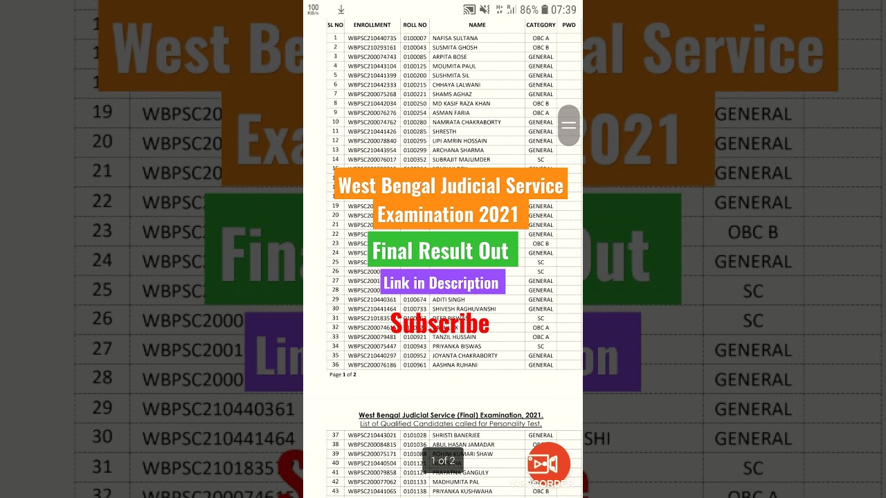 WBPSC Judicial Service Result 2021 | Final Exam Result Released